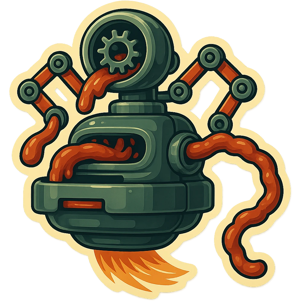 hovering robot. stuffs material into large hole on its top with 2 arms. no head. hole is where a head would be. spinning gears and blades in hole grind material.  3/4 view. between realism and cartoon. well lit. no dramatic lighting. metallic shiny robot. works diligently. drake humor emoji
