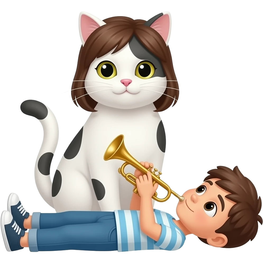Menina morena com gato branco com pintinhas pretas e um menino deitado com uma corneta emoji