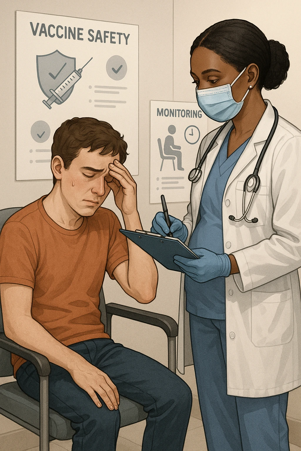 Vertical, educational medical illustration: a healthcare professional observes a patient who appears unwell after receiving a vaccine. The patient sits in a clinic chair, showing mild symptoms such as fatigue or headache, while the professional takes notes and offers reassurance. The background includes educational posters about vaccine safety and monitoring. realistica emoji
