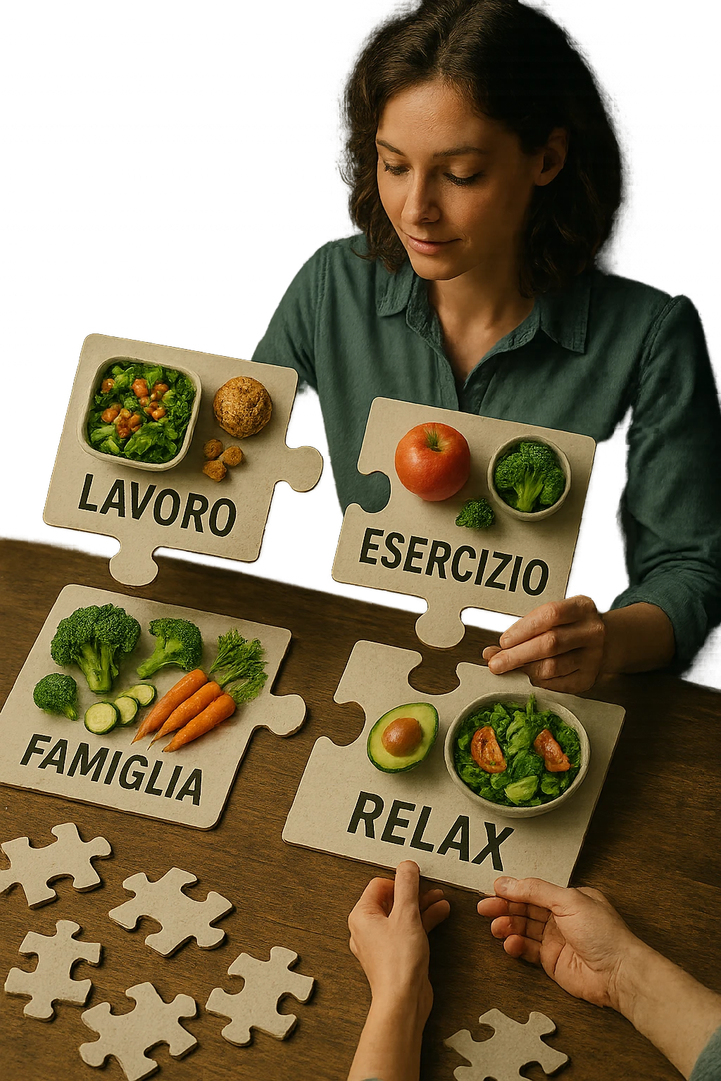 realistica cinematic photo a person is surrounded by puzzle pieces, each representing a different aspect of their life (Lavoro, Esercizio, Famiglia, Relax), and healthy foods are integrated into each piece. The person assembles the puzzle, creating a complete, personalized nutrition plan. The mood is uplifting and creative. in italiano emoji