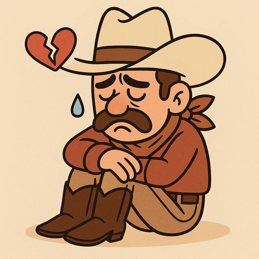 heartbroken cowboy, cartoon style, expressive, wearing hat and boots, showing sadness and heartbreak emoji