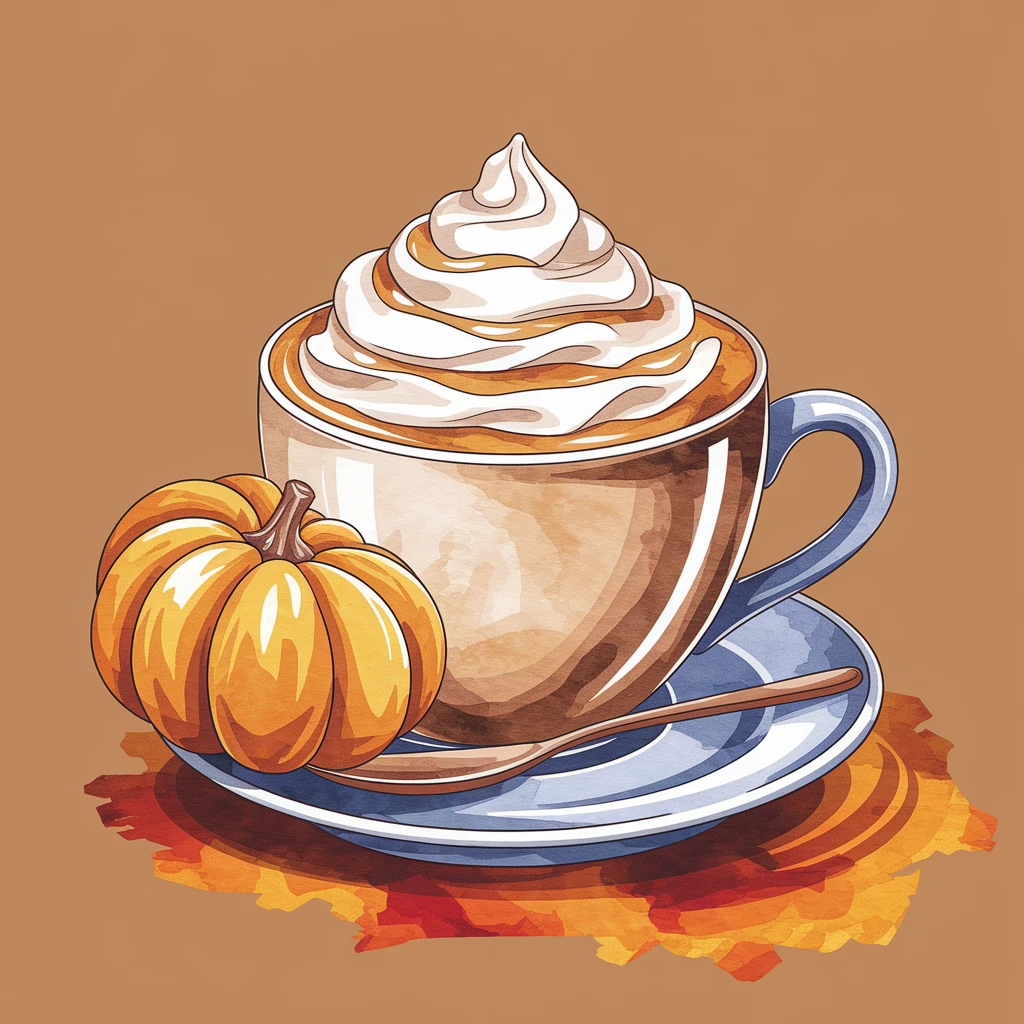 coffee latte art seamless background, pumpkin spice latte, creamy brown and orange tones, cozy autumn café vibe, watercolor effect emoji