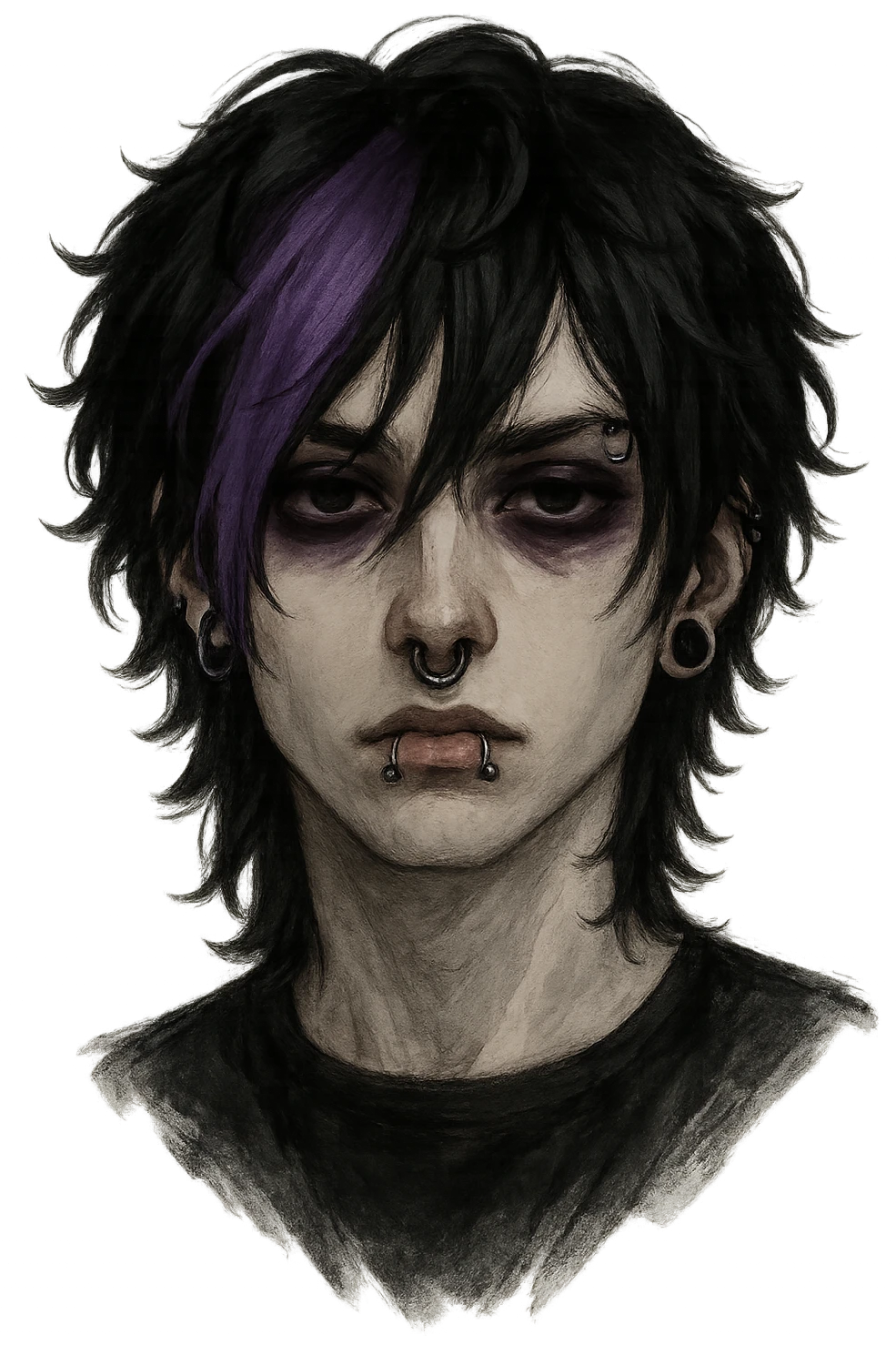 emo face, androgynous, purple hair streak, piercings, moody eyes emoji