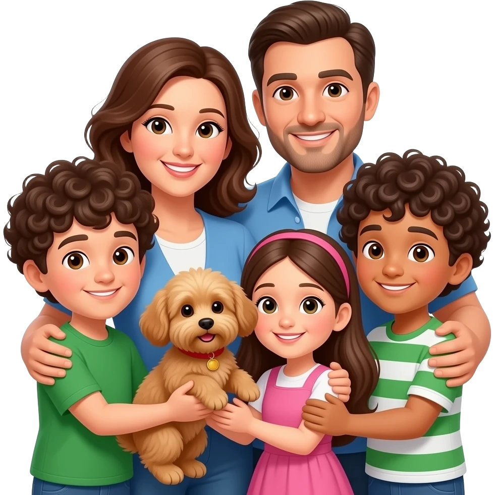 Italian family with curly hair of 5 mom dad 2 sons 1 daugher hugging 1 dog emoji