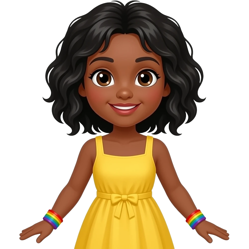 Brown girl with black hair with rainbow bracelets and a yellow dress emoji