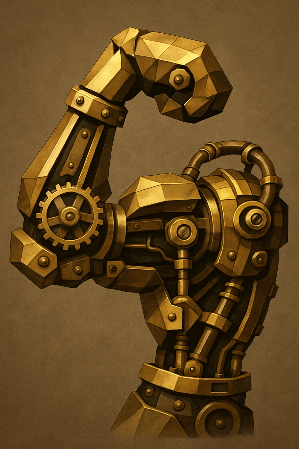 steampunk robot arm flexing, brass and copper, visible gears and pistons, industrial Victorian style, intricate mechanical details, metallic textures, retro-futuristic emoji