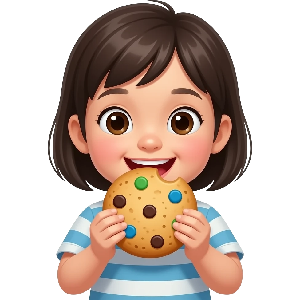 cute asian kid eating big colourful cookie front facing emoji