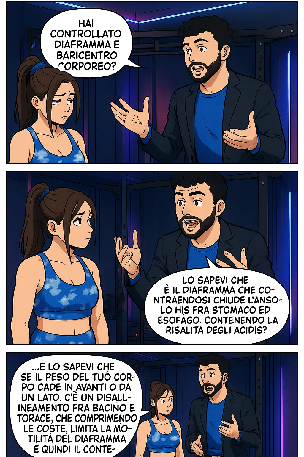 TRASFORMA QUESTO CAROSELLO IN UN FUMETTO STILE WEBTOON/MANGA A COLORI CON QUESTE DUE PERSONE IDENTICHE CHE INTERLOQUISCONO TRA LORO, L'uomo sta spiegando alla donna questo concetto:

LUI (UOMO): Hai controllato diaframma e baricentro corporeo?
LUI (UOMO): Lo sapevi che è il diaframma che contraendosi chiude l’angolo his fra stomaco ed esofago, contenendo la risalita degli acidi grassi?
LUI (UOMO): …e lo sapevi che se il peso del tuo corpo cade in avanti o da un lato, c’è un disallineamento fra bacino e torace, che comprimendo le coste, limita la motilità del diaframma e quindi il contenimento del reflusso? emoji