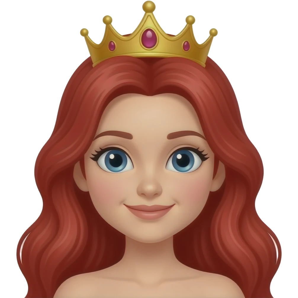 Princesa con piel clara, cabello largo rojo intenso y brillante, ligeramente ondulado. Lleva una corona dorada elegante sobre la cabeza. Expresión amable y segura, con ojos grandes y sonrisa suave. Estilo tipo emoji de Apple, colores vivos, rostro limpio y detalles simples pero definidos. emoji