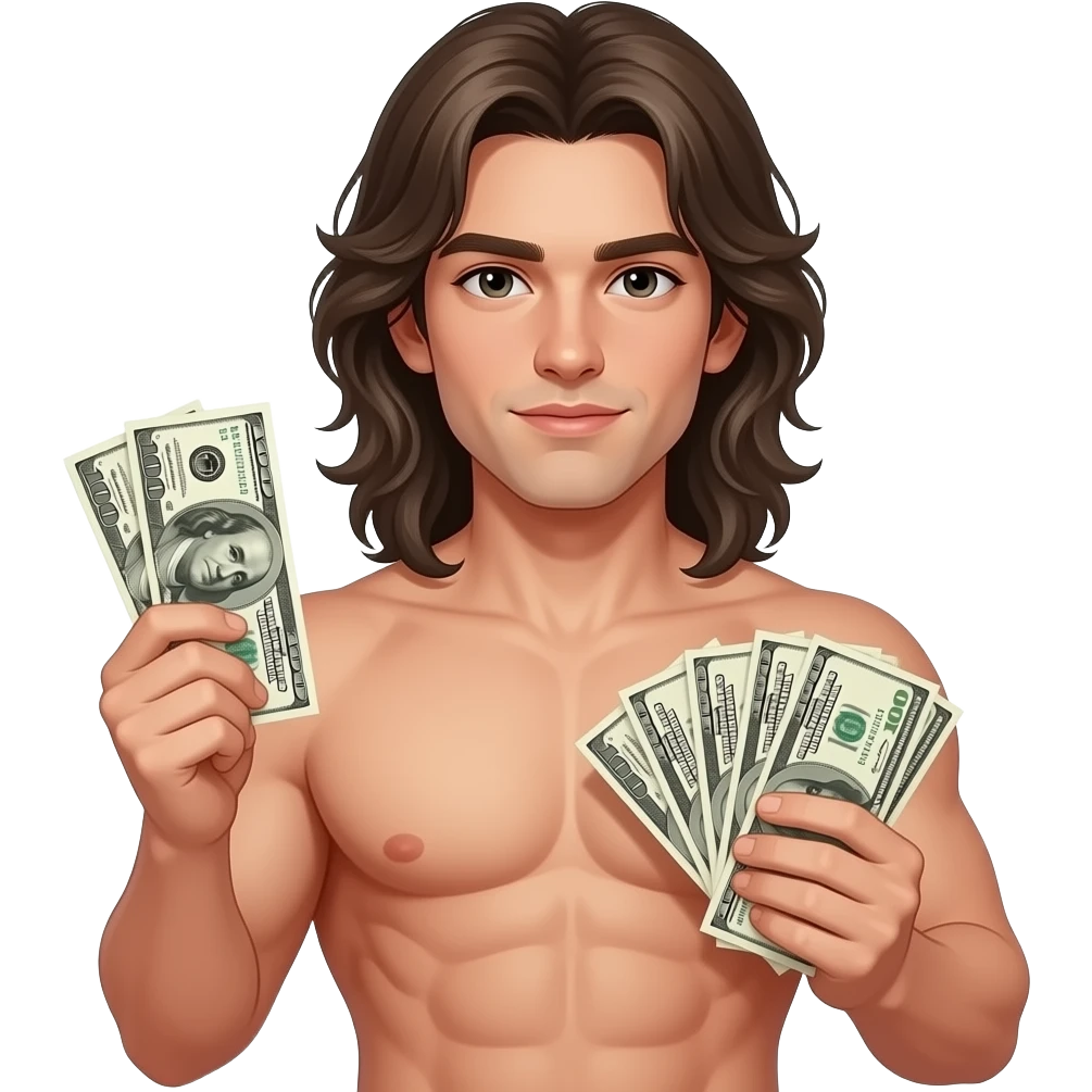 muscular shirtless twink with very long hair holding big money emoji