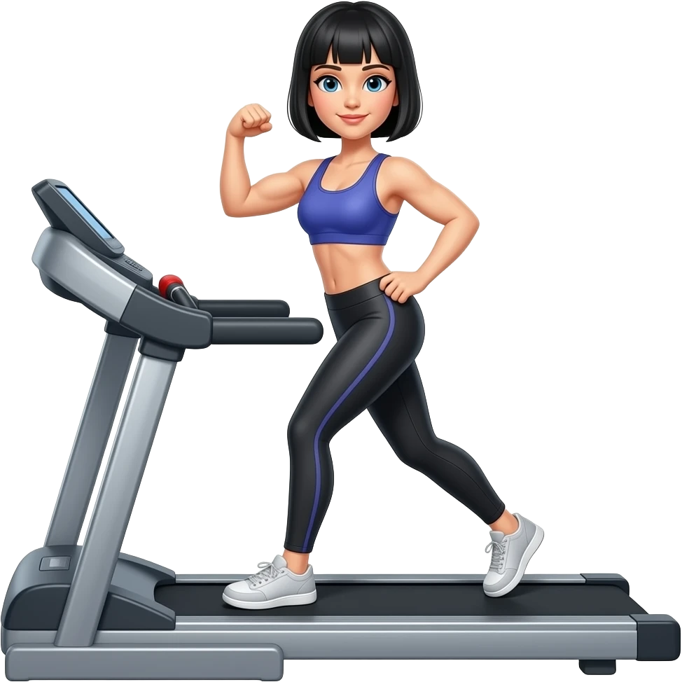 fitness model with black short cut hair on a treadmill showing her biceps emoji