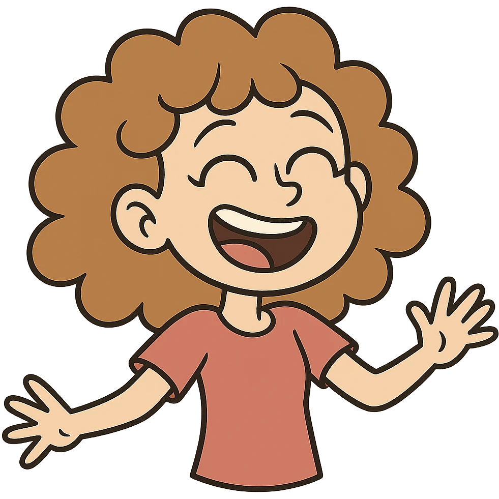 white girl with light brown curly hair, joyful expression, cartoon style emoji