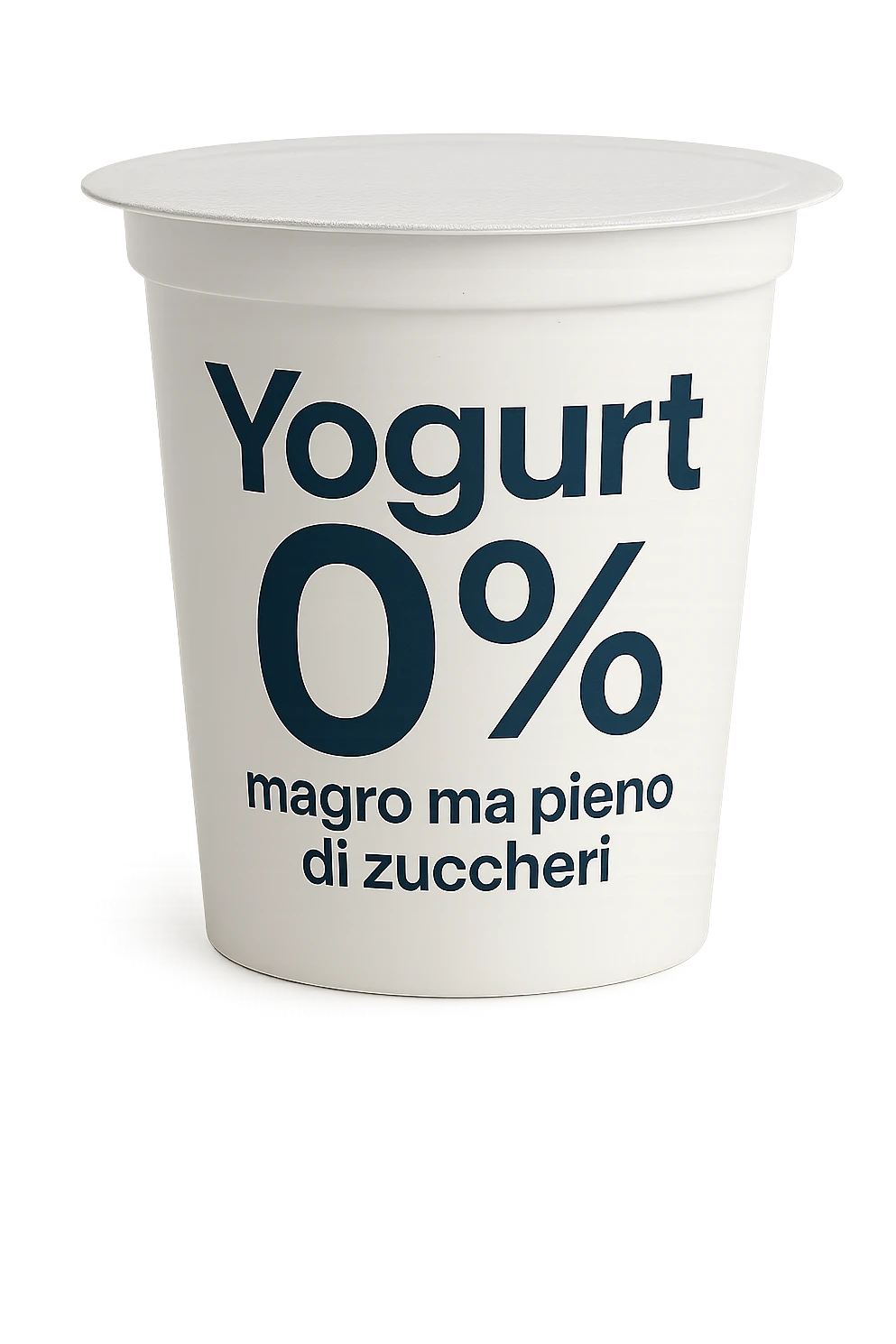 confezione di Yogurt 0% con la scritta "Yogurt 0% magro ma pieno di zuccheri" sull'etichetta emoji