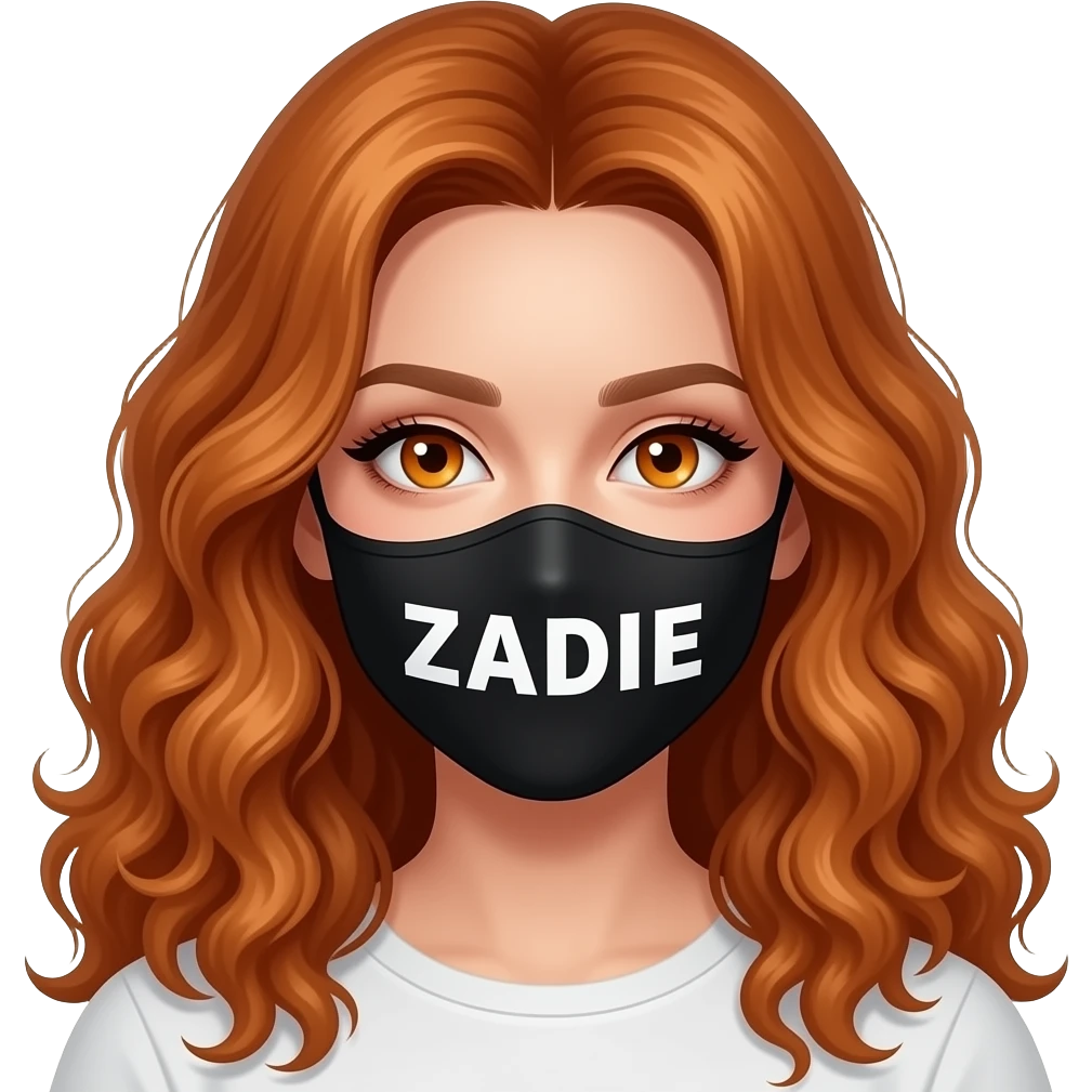 sexy girl with long curly ginger hair and ginger eyes wearing a black mask with ZADIE written on it emoji