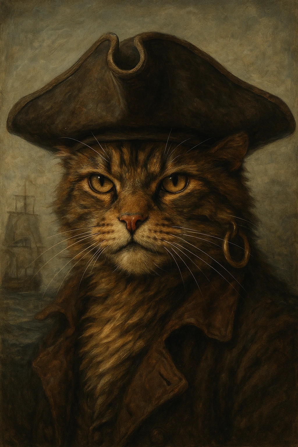 pirate cat, realistic fur, tricorn hat, gold earring emoji