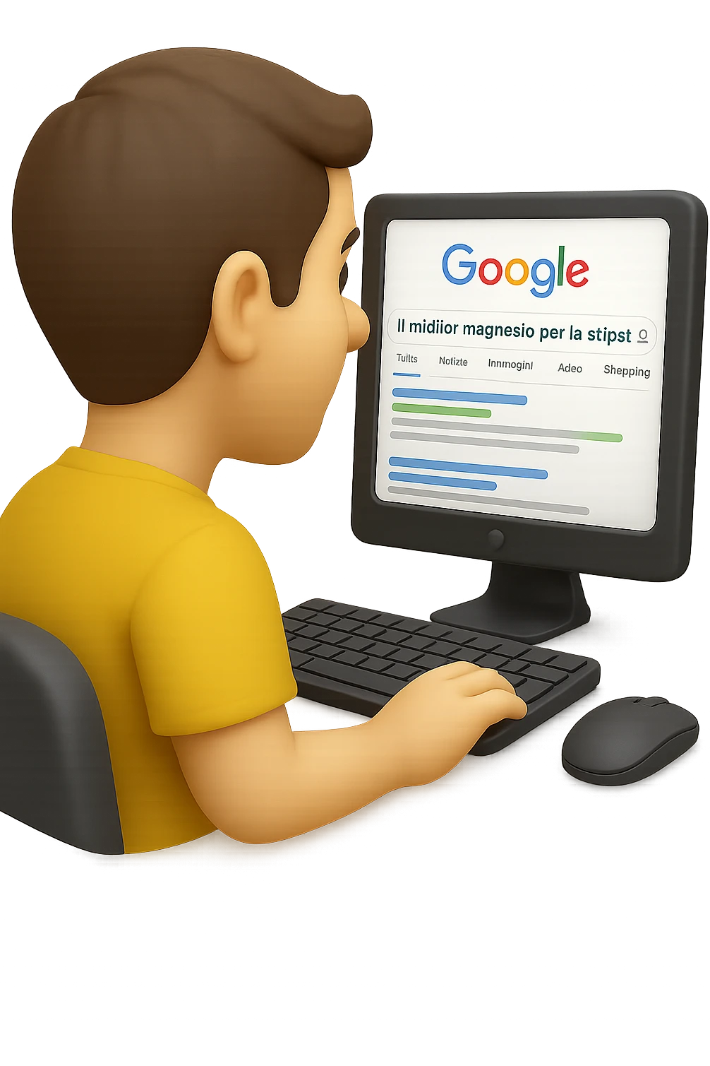 emoji stile iphone di un uomo davanti al pc che cerca di google: "Il miglior magnesio per la stipsi", iperrealistico 4k emoji