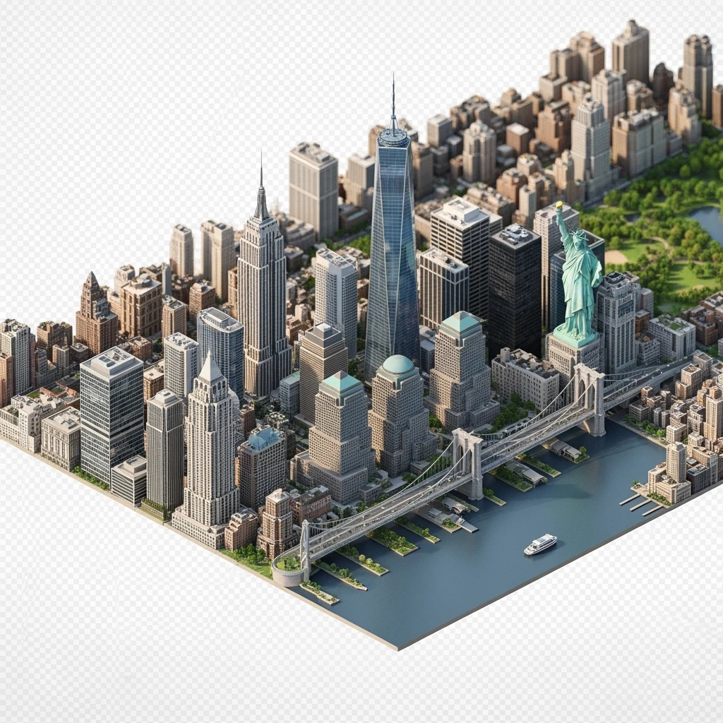 Isometric miniature of New York Сity Empire State Building, Chrysler Building, One World Trade Center, Statue of Liberty, Brooklyn Bridge, and Central Park chaotic low-rise blocks in outer boroughs 3D miniature effect and Tilt Shift effect, no cartoonish look, transparent background. emoji
