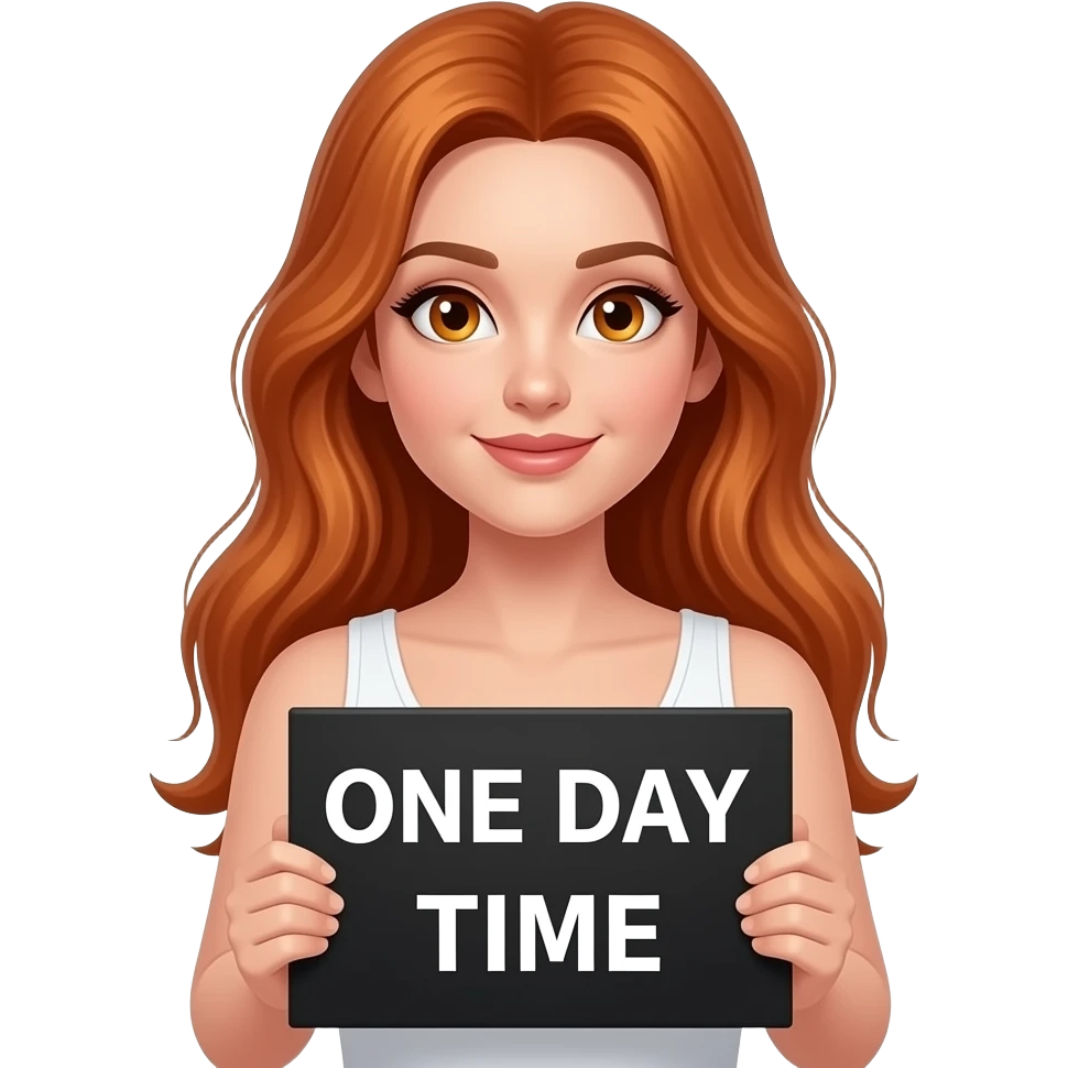 sexy girl with long ginger hair and ginger eyes wearing a white tanktop is holding a black sign with ONE DAY at a TIME written on it emoji
