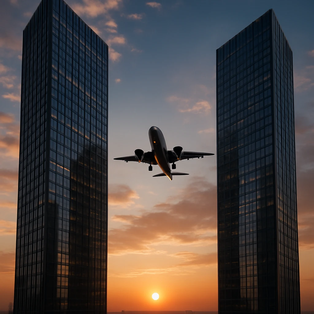two skyscrapers and a plane that flyes to them, realism style, sunset emoji