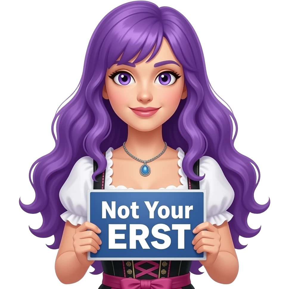 sexy girl with long purple hair and purple eyes wearing a dirndl holding a Not Your ERNST sign emoji