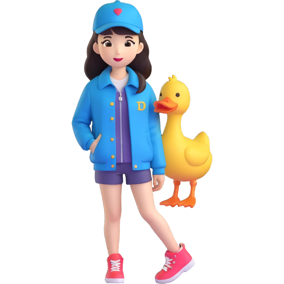 超级软萌可爱的韩系小女孩，穿着帅气有个性打扮，搭配一件外套和带鸭嘴貌，十分讨喜吸引人的造型 emoji