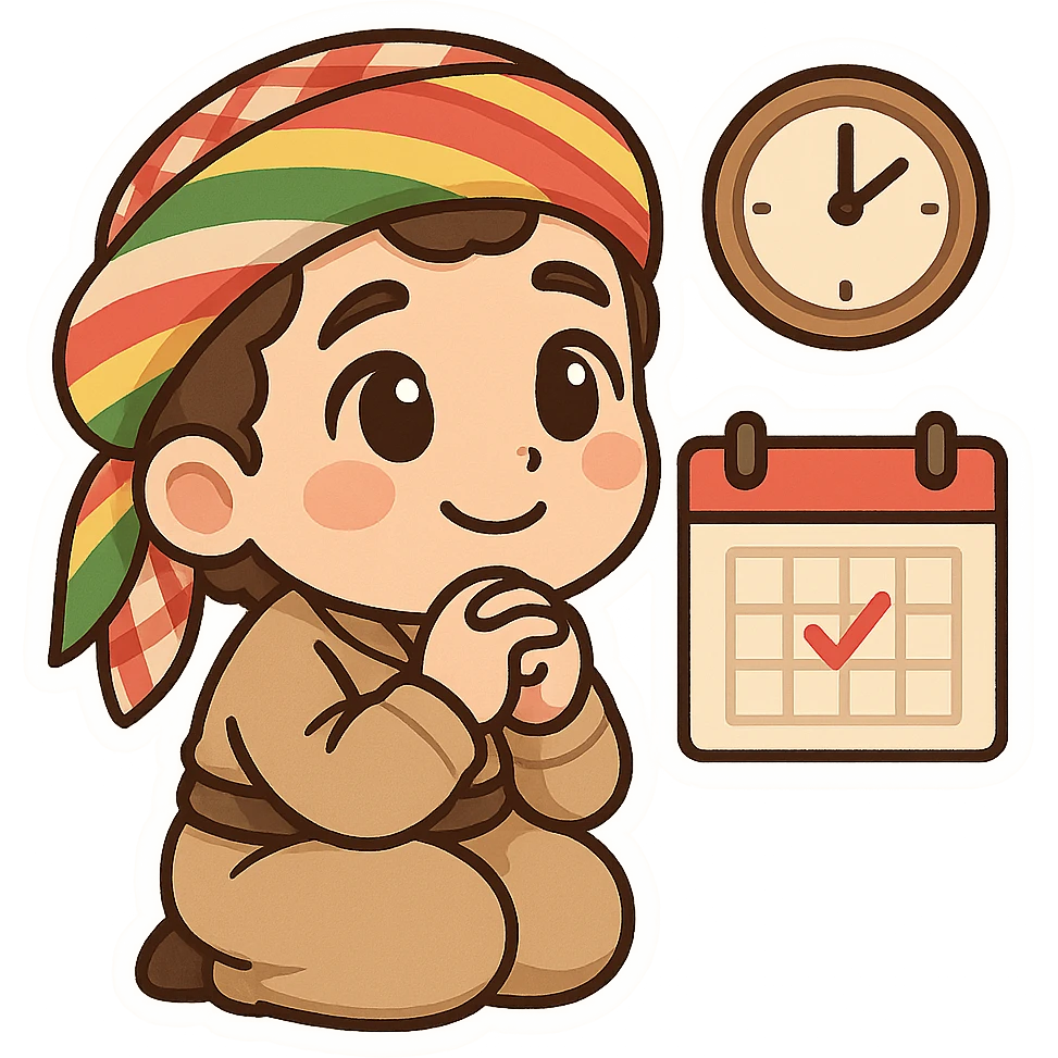 Kurdish sticker, cartoon style, Kurdish man or woman in jamadani, waiting with a hopeful face, maybe looking at a clock or calendar, no text emoji