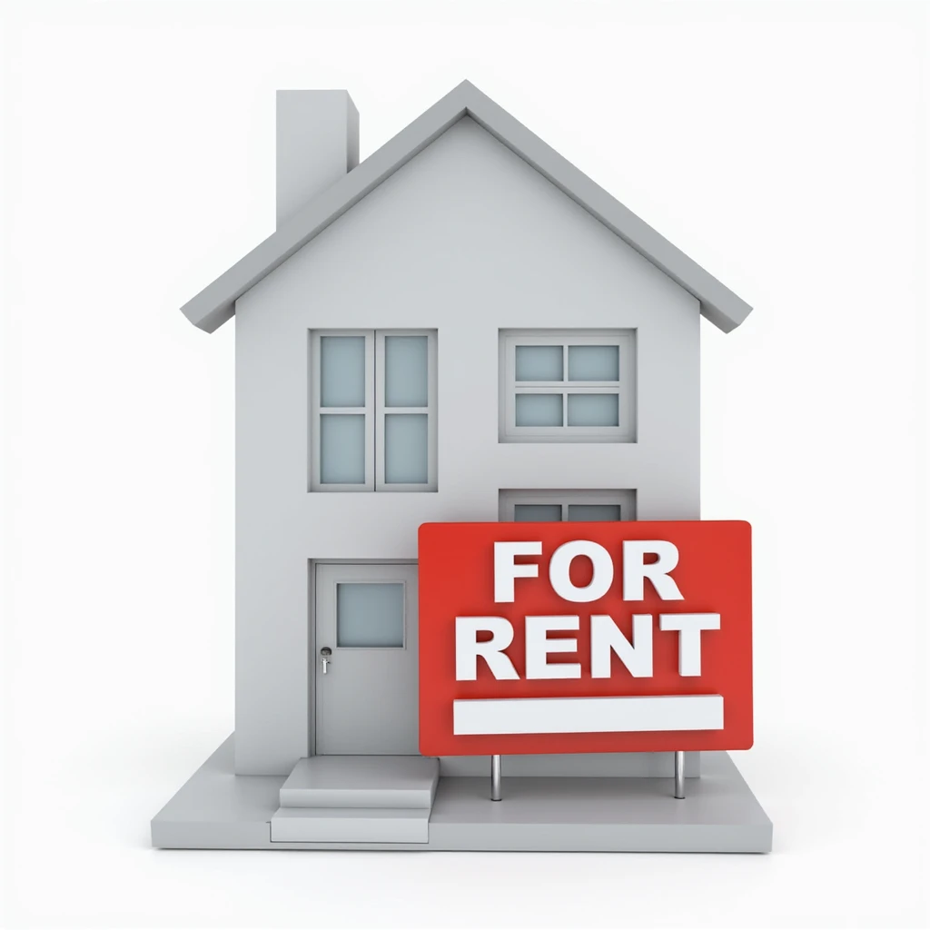 realistic apartment rent icon, photorealistic, shows an apartment building with a 'For Rent' sign emoji