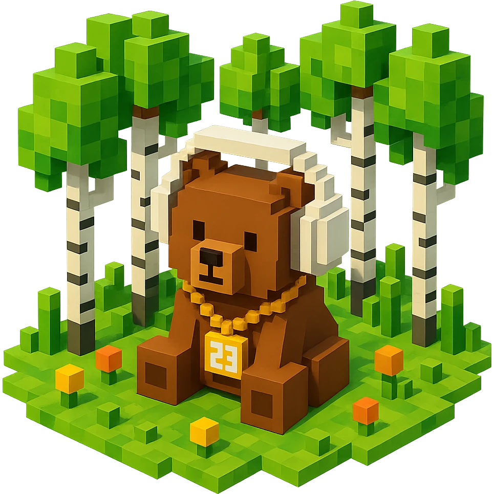 березовый лес, в котором сидит бурый медвежонок в белых наушниках (наушники должны закрывать уши медведя), на медведе цепь с подвеской "23", no background  emoji