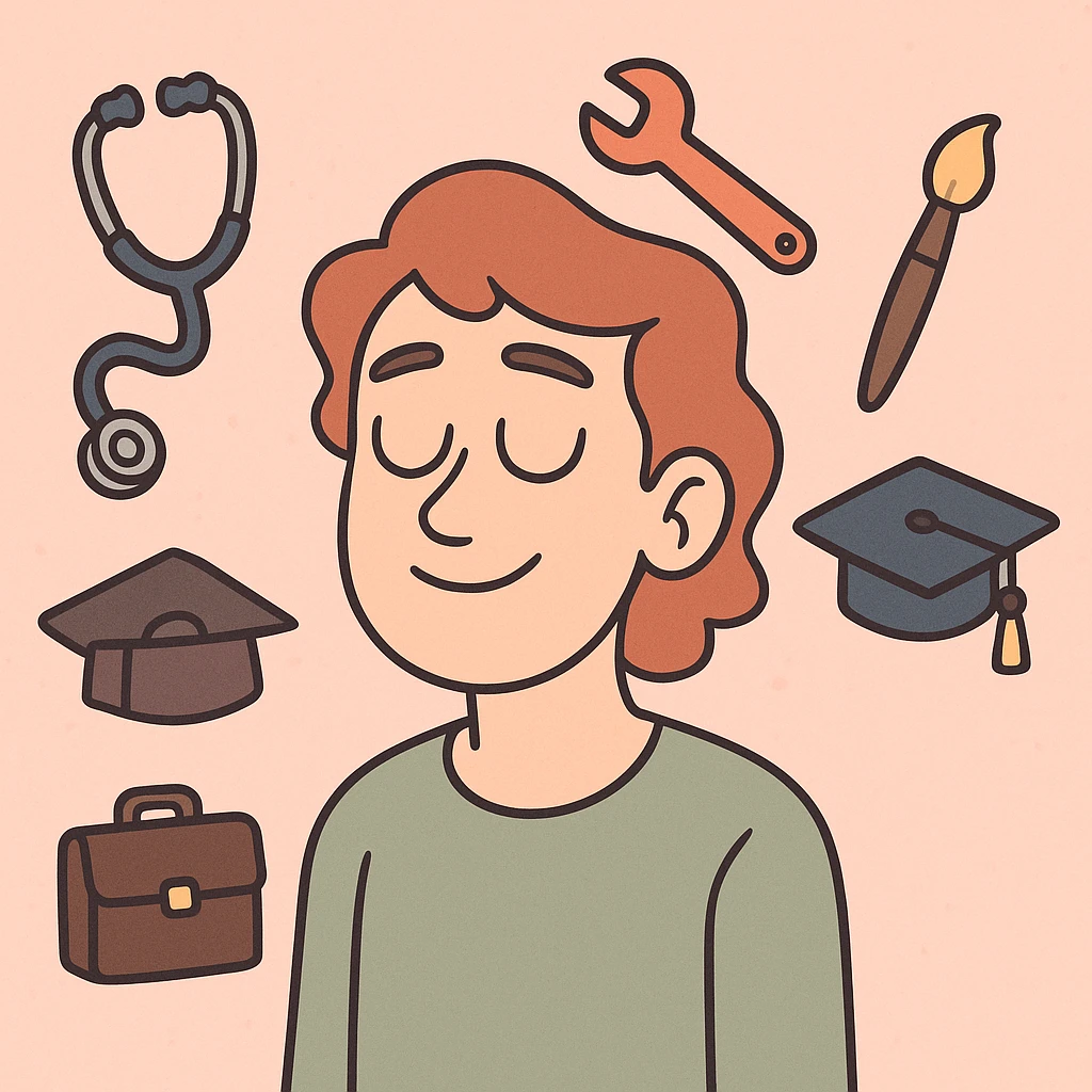 a person with closed eyes, surrounded by floating symbols of different professions, soft pastel colors, gentle mood, flat toon style emoji
