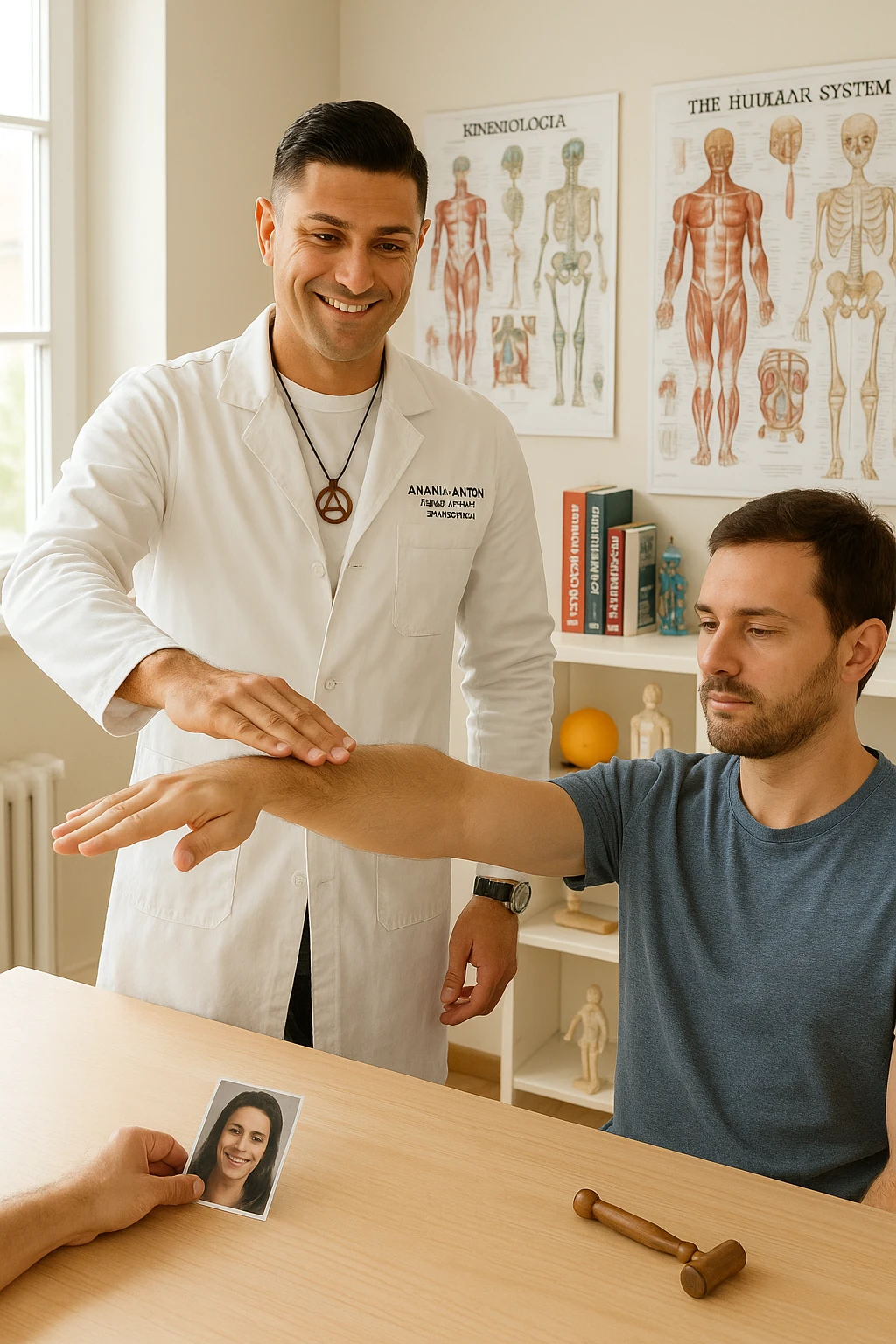 a middle-aged man, dressed in casual professional attire, is in a bright, organized therapy studio. Durante una visita di kinesiologia, il praticante tiene con una mano la foto di una persona lontana (il “testimone”) appoggiata su un tavolo, mentre con l’altra mano esegue un test muscolare su un cliente presente. Sullo sfondo si vedono libri di kinesiologia, poster anatomici e strumenti tipici della disciplina. L’atmosfera è concentrata e serena, con luce naturale che entra dalla finestra, sottolineando l’aspetto alternativo e umano della pratica. emoji