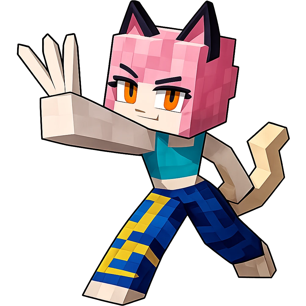 Extract the character with pink cat ears, yellow eyes, and blue and yellow outfit as a fully visible, separate image with a transparent background, preserving the original Minecraft cartoon style and appearance. emoji