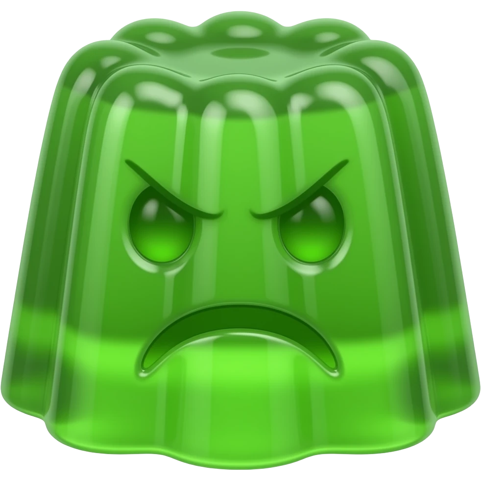 Green with envy slightly grumpy wobbly molded jello emoji