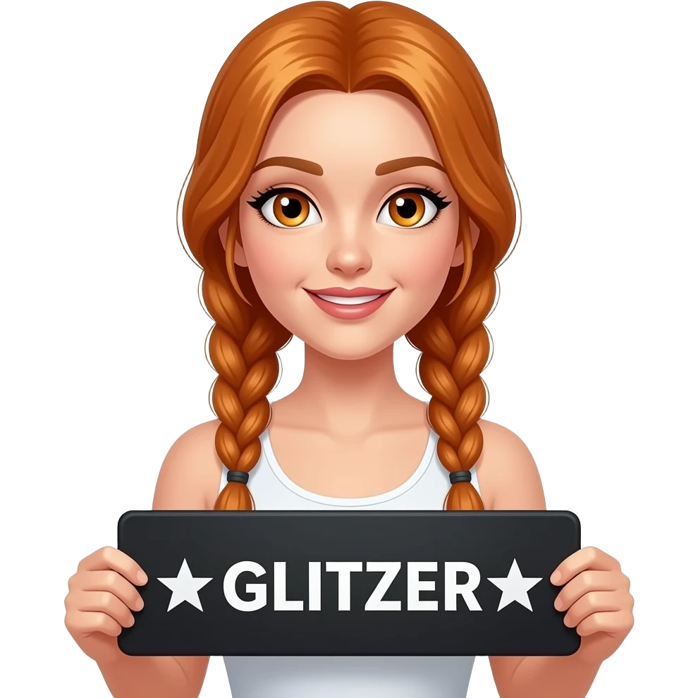sexy girl with long ginger braids and ginger eyes wearing a white tanktop is holding a black sign with ☆GLITZER☆ ist meine LIEBLINGSFARBE written on it emoji