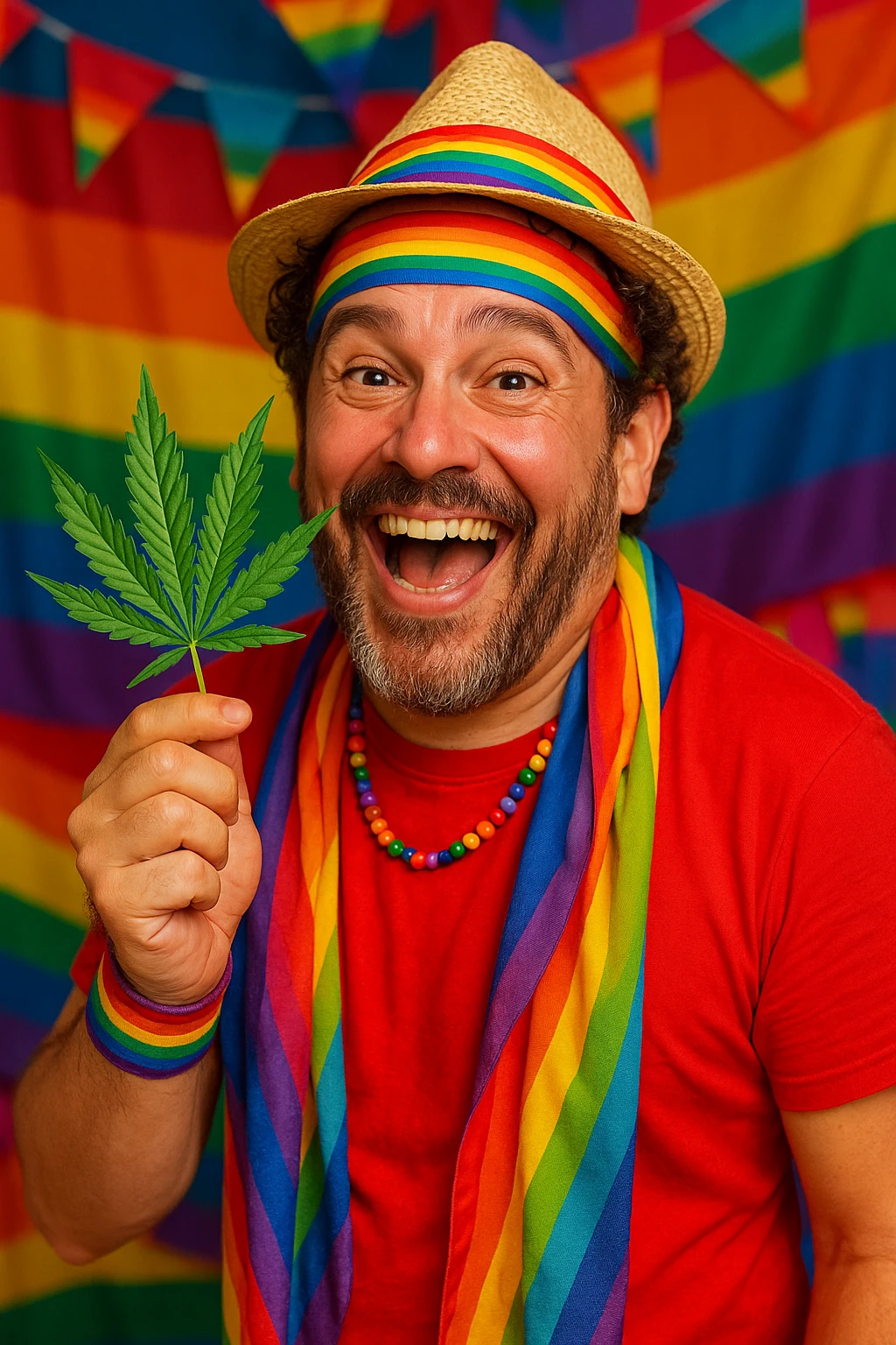 A flamboyant, joyful man with rainbow accessories, holding a cannabis leaf, expressive and proud, vibrant colors, LGBTQ+ pride theme emoji