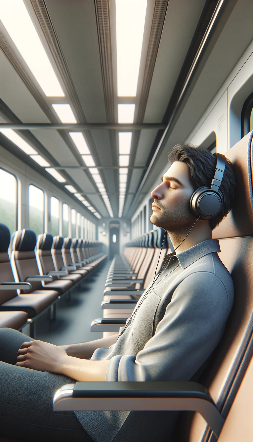 UOMO che ASCOLTA MUSICA CON LE CUFFIETTE NELLE ORECCHIE E GLI OCCHI CHIUSI SEDUTO SUL SEDILE DI UN TRENO, sullo sfondo L'INTERNO DELLA CABINA DI UN TRENO con toni chiari neutri, iperrealistico 4k emoji