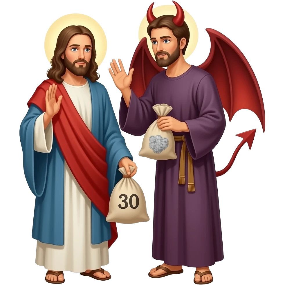 Satan whispering to a man wearing biblical clothes to betray Jesus for 30 pieces of silver in a bag emoji
