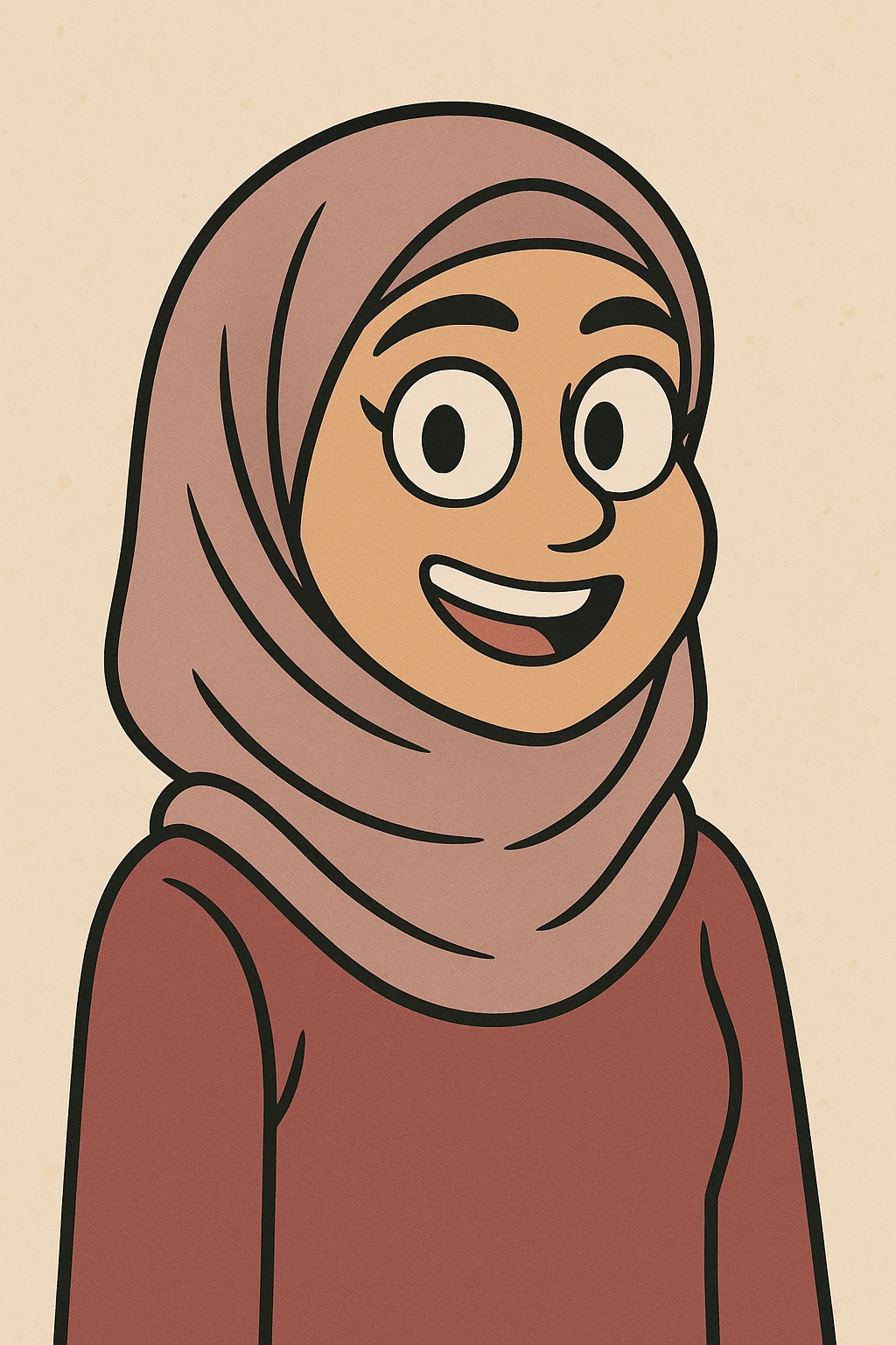 a girl wearing a hijab, friendly expression, simple background, modern illustration style emoji