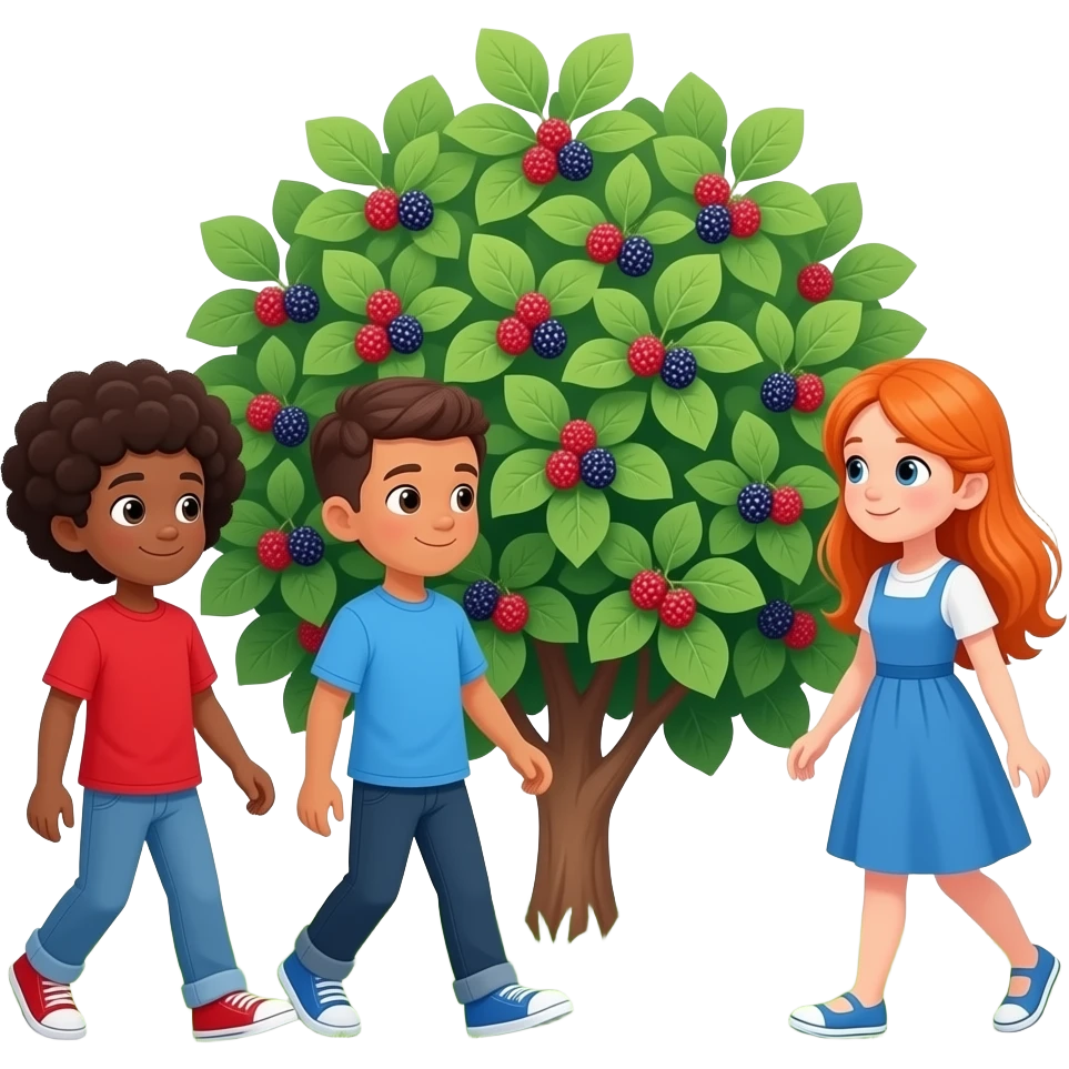 Mulberry Bush At The Park Two Boys with afro Hair Red And Blue Shirt and one girl orange long hair and blue dress are going round the mulberry bush emoji