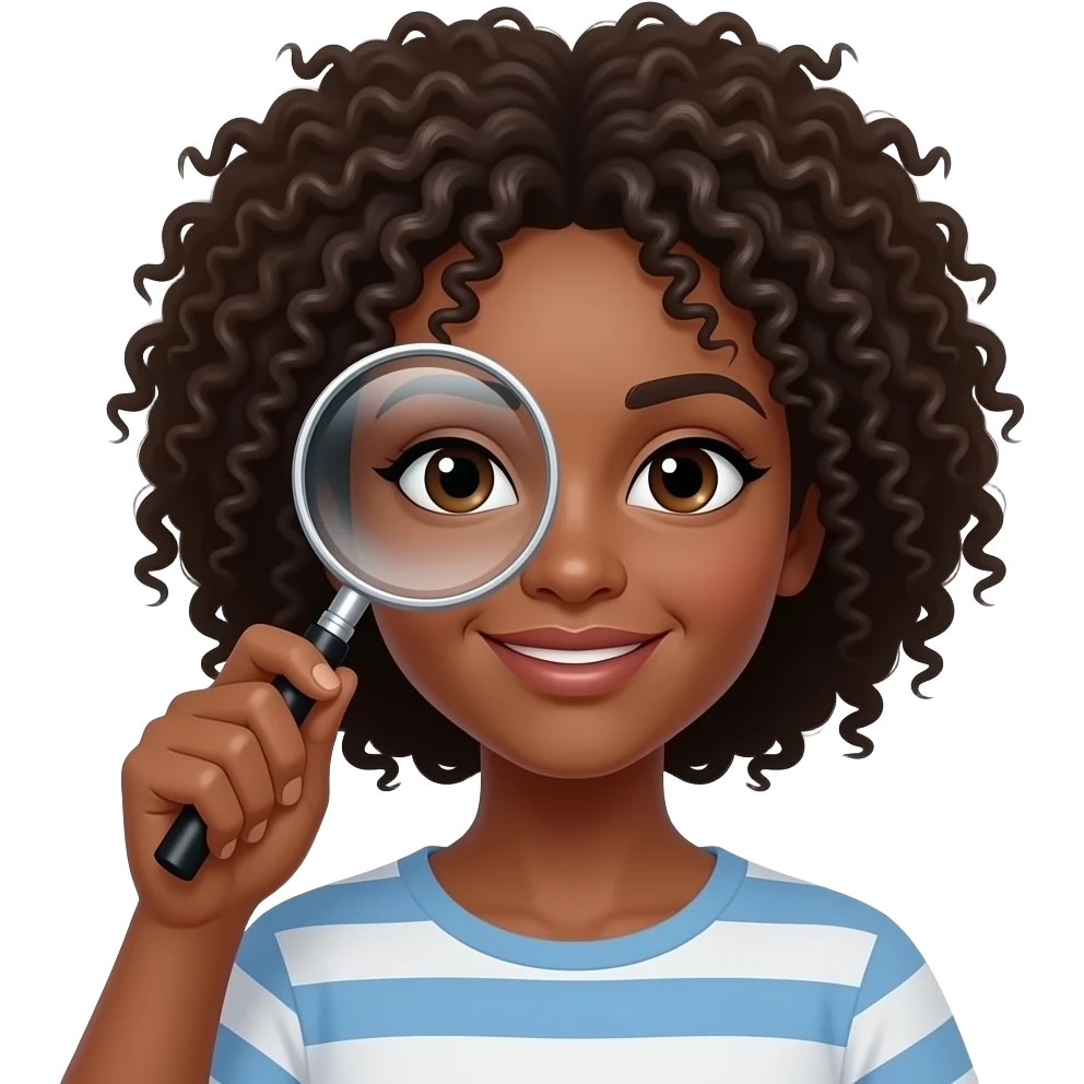 women with dark skin and curly hairs and hold mangnifying glass in her hand emoji