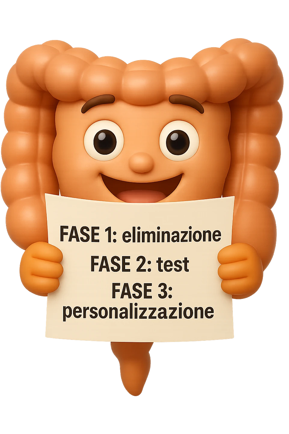 emoji stile iphone 3d di un intestino che tiene in mano un foglio con la scritta "FASE 1: eliminazione, FASE 2: test, FASE 3: personalizzazione, IPERREALISTICO 4K emoji