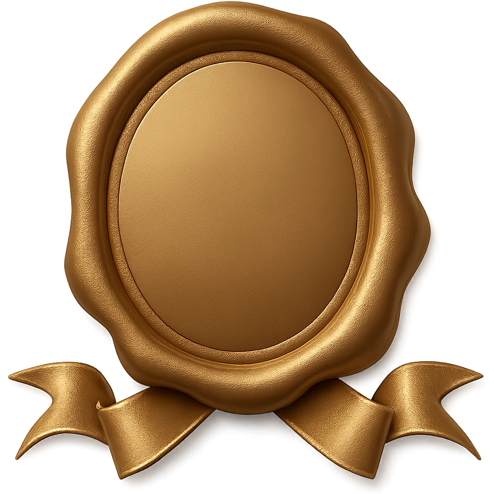 Add a decorative ribbon with a metallic sheen underneath the gold wax seal. Keep the background transparent. Maintain the style and look of the original image. emoji