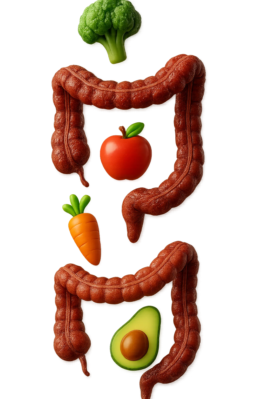 emoji stile iphone in 3d di cibo sano che fluttua in aria vericalmente insieme ùa pezzi di colon umano anatomico, iperrealistico 4k emoji