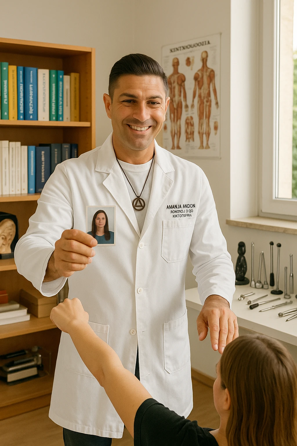 a middle-aged man, dressed in casual professional attire, is in a bright, organized therapy studio. Durante una visita di kinesiologia, il testimone tiene con una mano la foto di una persona lontana (il “testimone”) tiene la foto in mano, mentre con l’altra mano esegue un test muscolare su un cliente presente. Sullo sfondo si vedono libri di kinesiologia, poster anatomici e strumenti tipici della disciplina. L’atmosfera è concentrata e serena, con luce naturale che entra dalla finestra, sottolineando l’aspetto alternativo e umano della pratica. emoji