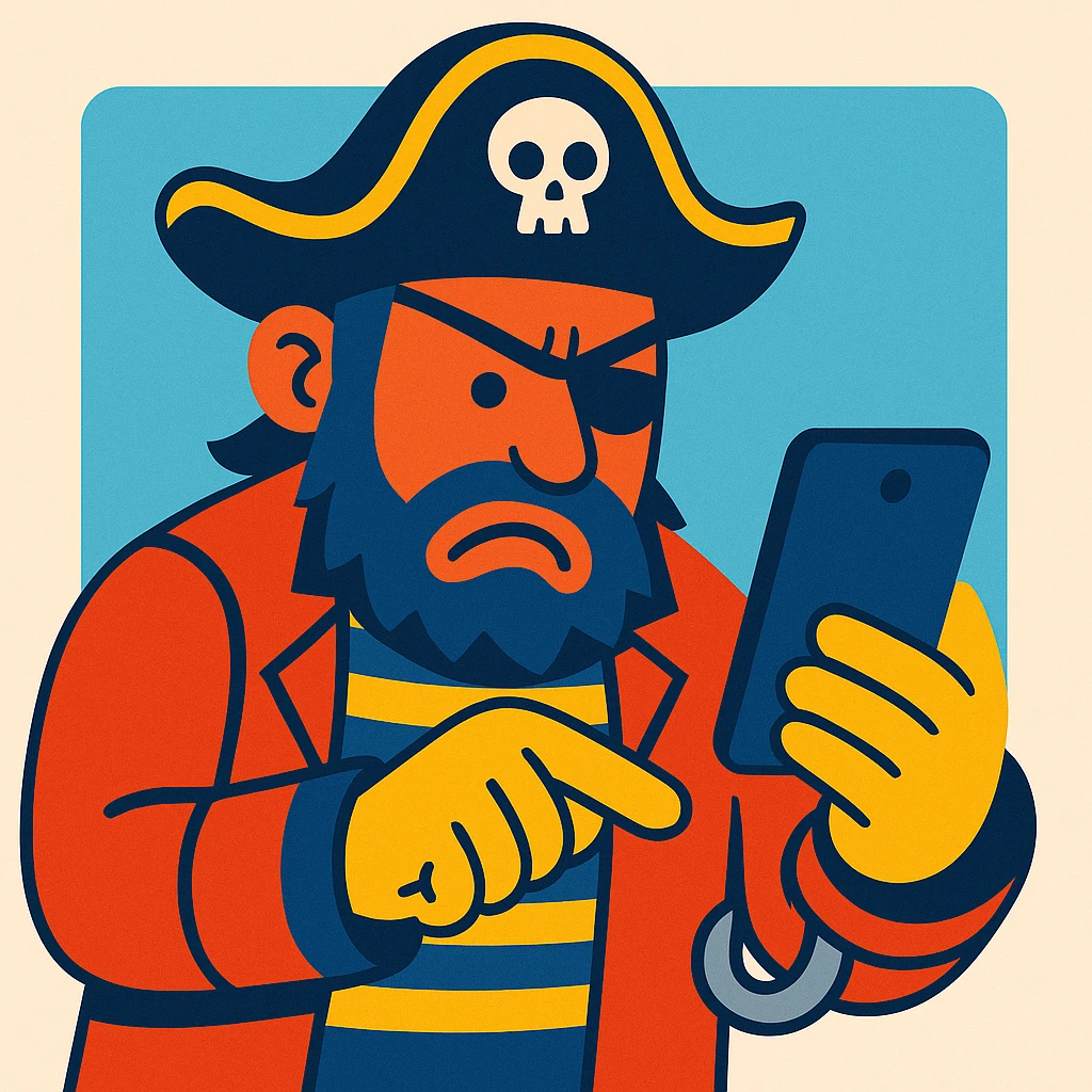 colorful comic style pirate with a hook hand poking at a smartphone, frustrated emoji