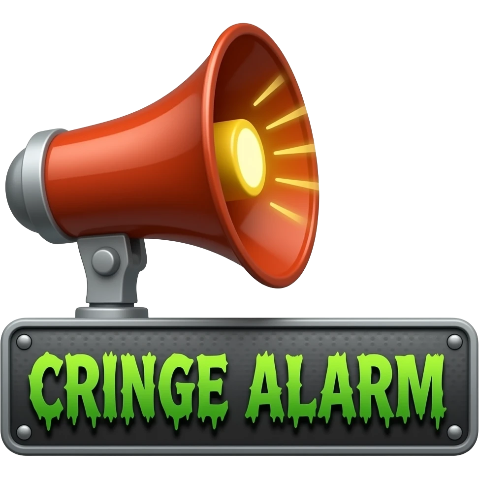 A blaring siren with visual sound effects, a label below it with text "Cringe Alarm" with green horror font", filled background emoji