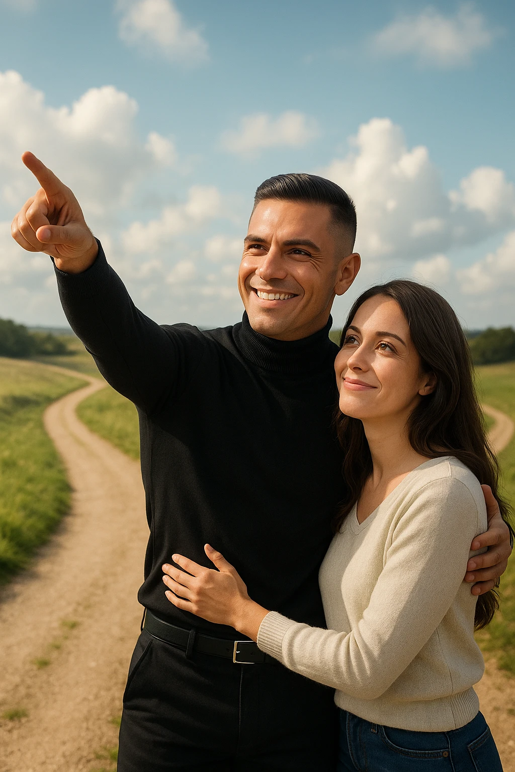 a couple stands at a crossroads, the man pointing confidently toward a direction while the woman looks at him with trust and optimism. Both are illuminated by soft, uplifting light, representing faith in each other’s strengths and the positive outcomes of working together. emoji