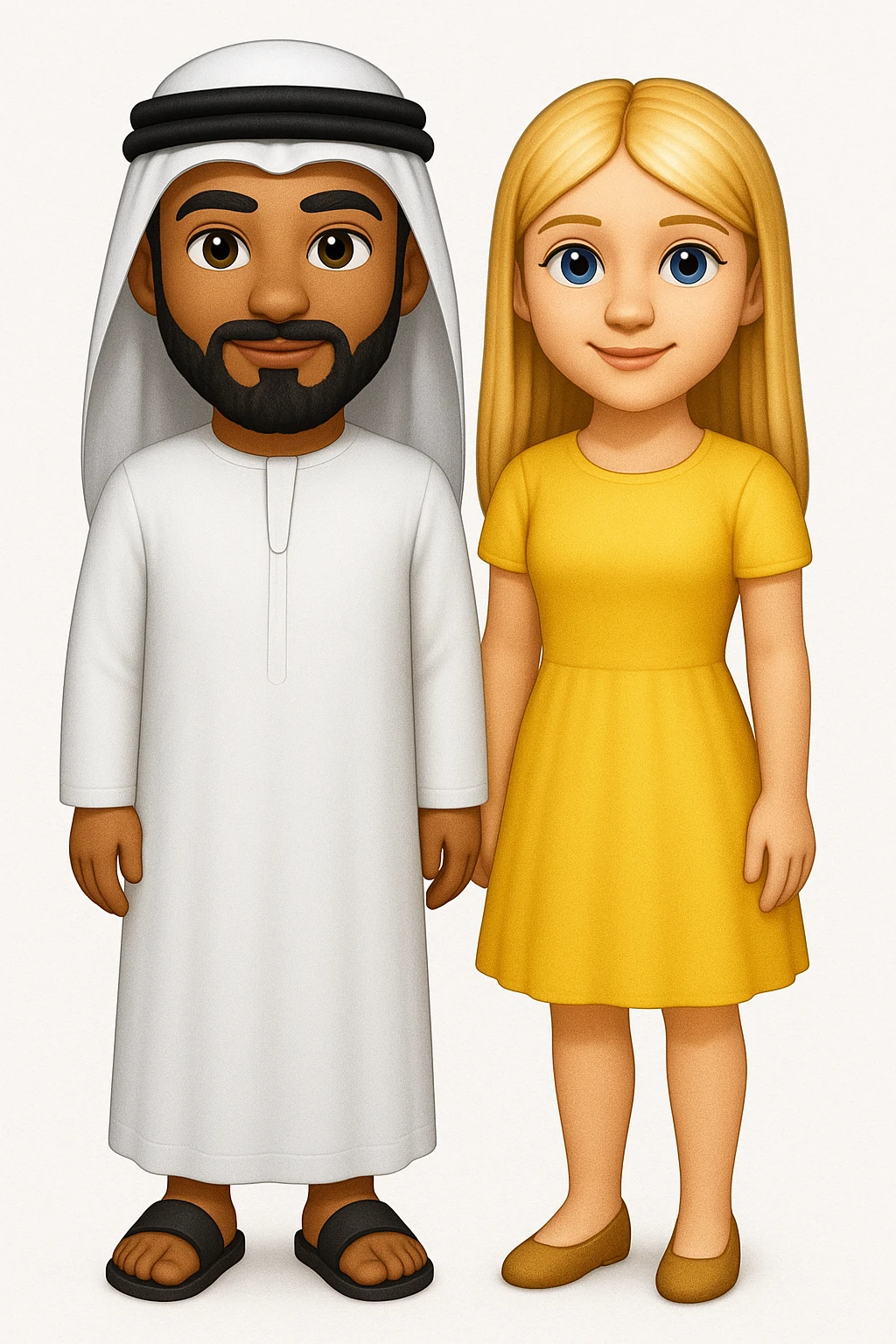 Сгенерируй мне в стиле детализированного емодзи пару, где мужчина с черной бородой и в арабском одеянии и чуть со смуглой кожей, а девушка чистая славянка, блондинка. В ПОЛНЫЙ РОСТ ОНИ И НЕ КАСАЮТСЯ КРАЕВ ИЗОБРАЖЕНИЯ emoji