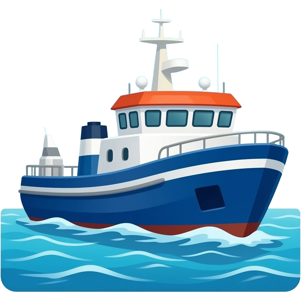 Research Vessel in the ocean , use colors Dark blue, Deep blue, Sky blue, Sea turquoise, Sky white, Coastal grey emoji