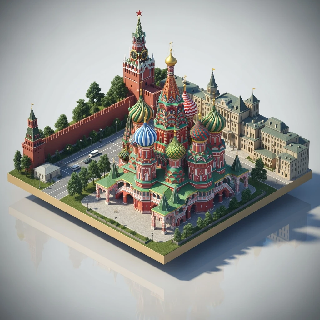 Изометрическая фотореалистичная иллюстрация-модель Москвы в центре Храм Василия Блаженного, баланс между стилизацией и реализмом, эффект миниатюры, прозрачный фон emoji