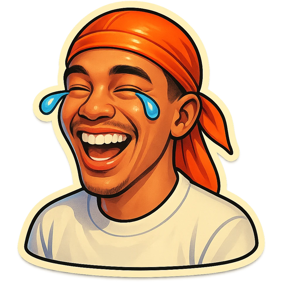  laughing crying
make his shirt white
make him smile
Change His durag To orange emoji
